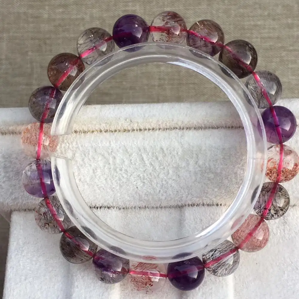

Certificate Natural Super Seven 7 Purple Rutilated Quartz Crystal Bracelet Women Round Beads Bracelet 10mm AAAAA