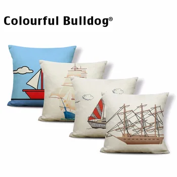 

Cartoon Sailboat Pillow Cushion Cover Nautical Geometry Rectangle Throw Pillows Clouds Seagull Polyester Cotton Blend Home Decor