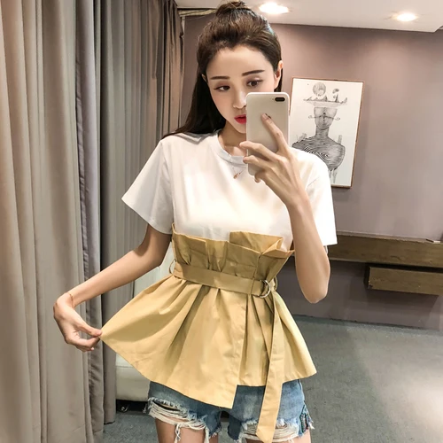 2019 летняя Корейская Повседневная футболка с коротким рукавом и имитацией двух