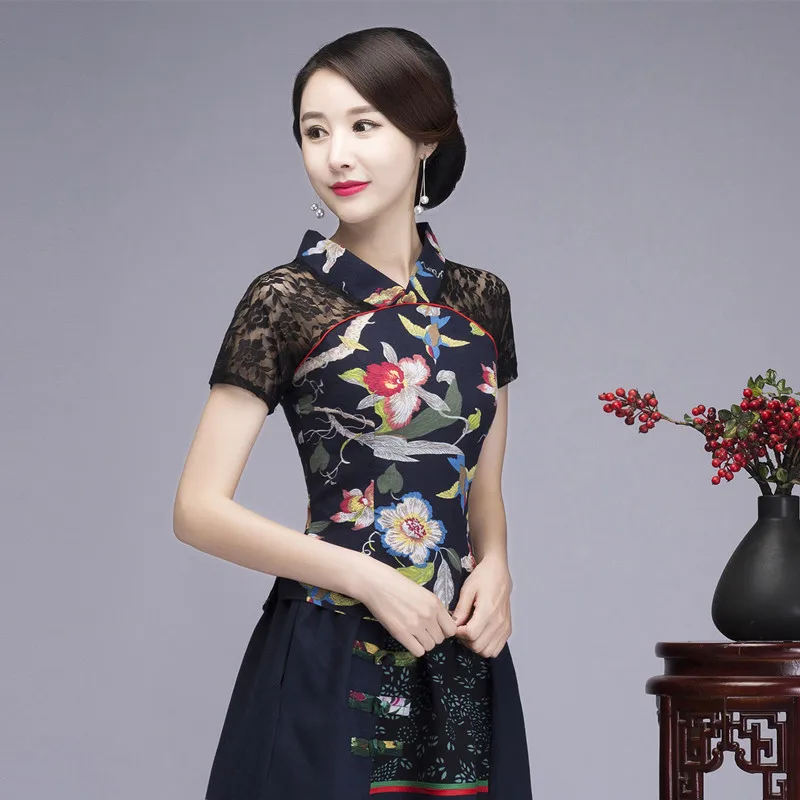 

Sexy Black Lace Summer Women Shirt Top Chinese Style Cotton Linen Blouse Tradition Flower Clothing M L XL XXL 3XL 4XL 5XL 6XL