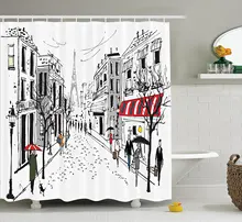 

Paris Decor Shower Curtain Set Illustration Of Old French Pedestrians Stores Trees And The Silhouette Of Eifffel Urban Design