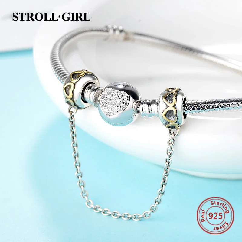 Stellgirl безопасная цепь Серебро 925 бусины с золотой любовью Европейский Шарм браслет Мода diy ювелирных изделий для подарка