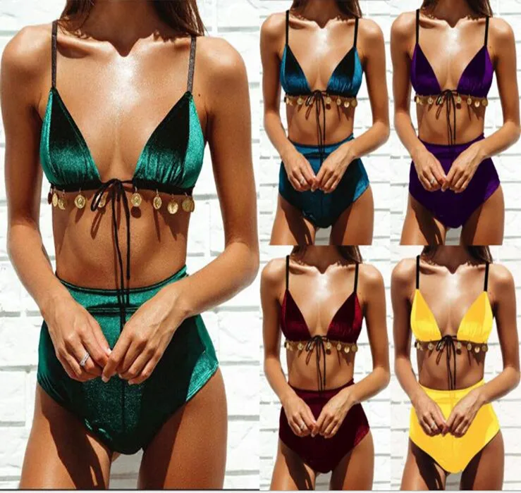 

Bikini Set Golden Velvet Printed Solid Colors Swimwear Women Tassel Bandage Push Up High Waist Swimsuit Beachwear A2375YPC