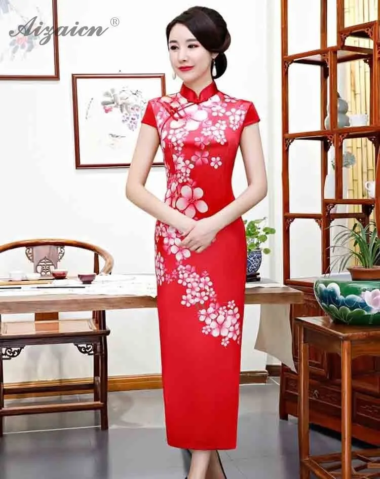 Современный бархат печати длинный Cheongsam красная Китайская ...
