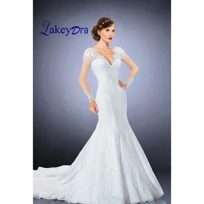 

Lakeydra Mermaid Wedding Dresses V-Neck White vestidos de noiva Lace Pearls Illusion Long Sleeves Bridal Gowns