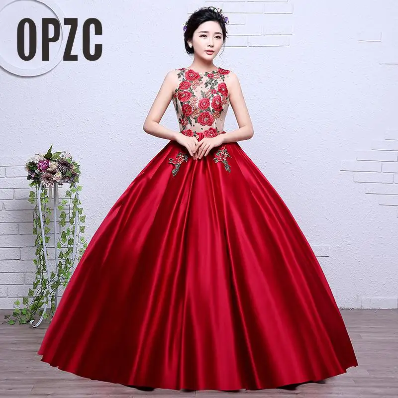 

Colorful Organza Hot Sale New Style Red Embroidery Girls Wedding Dress 2017 O-neck Bridal Boat Gown Vestidos De Novia