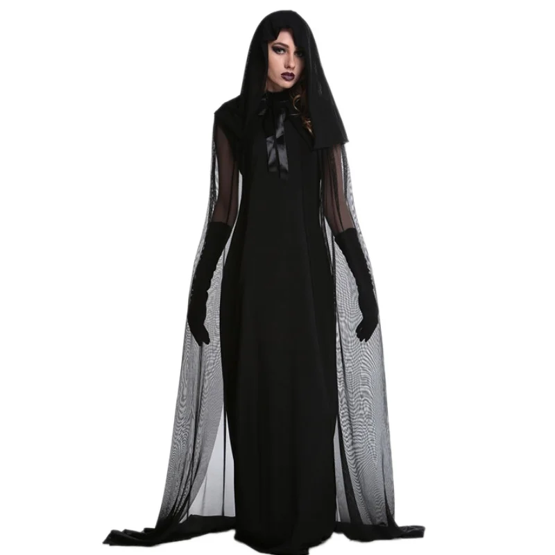 

1 set 2019 Female Halloween Witch Plus Size Long Dress Costume Autumn Winter Black Dresses(with hat and gloves)
