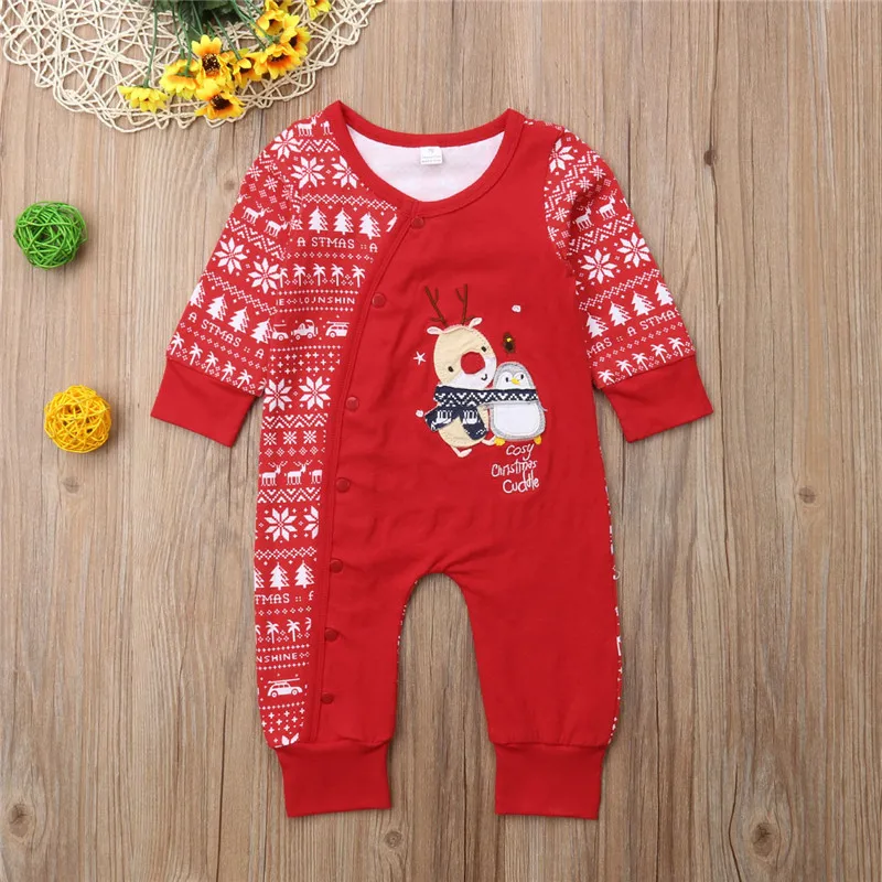 Рождественская Одежда для новорожденных от 0 до 24 месяцев хлопковый красный комбинезон с цветочным принтом для маленьких мальчиков и девочек, милый зимний комплект одежды, пижама для вечеринки, домашняя одежда
