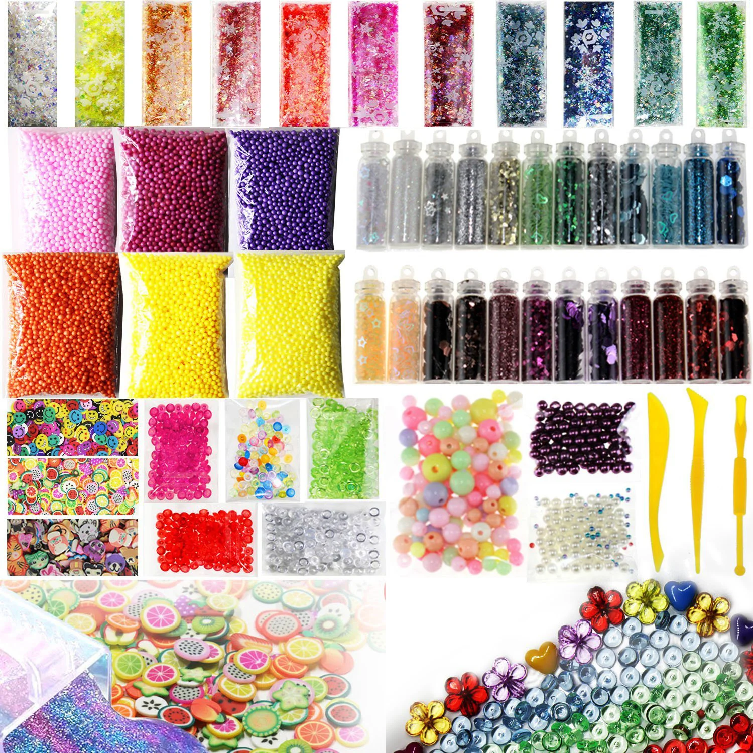 

55 Pack Making Kits Supplies for Slime, Including Foam Balls, Fishbowl Beads, Net, Glitter Jars, Pearls, Sugar Paper, Spoon