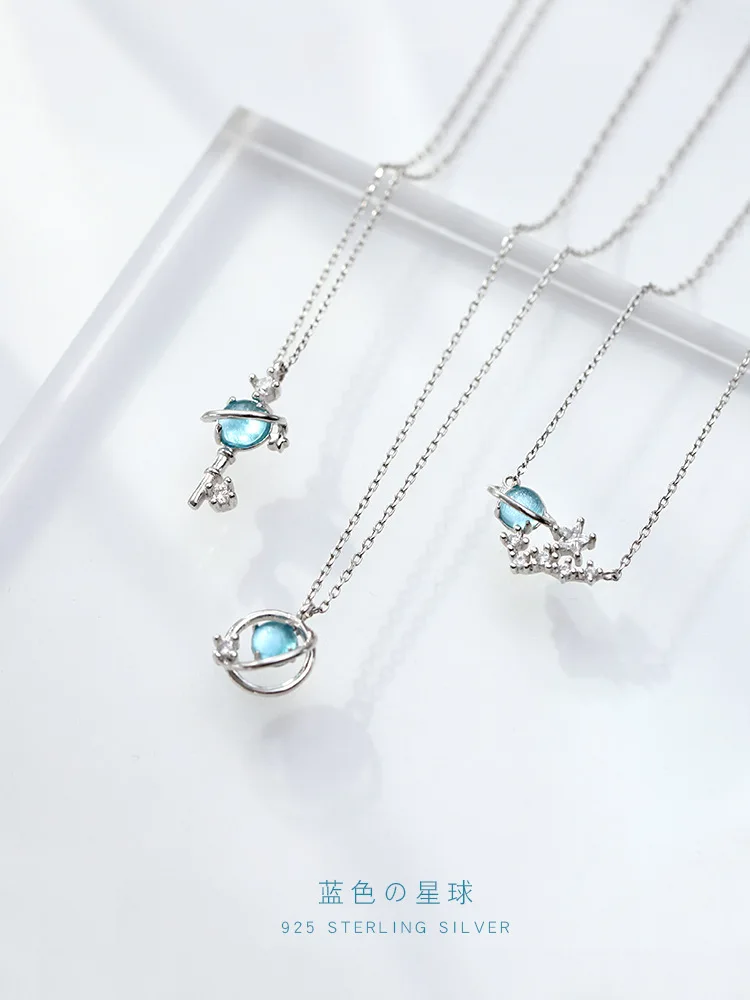blue moonlight stone stars planet necklace woman 100% 925 Sterling silver nacklace Jewellery Clavicle chain pendant charms gift