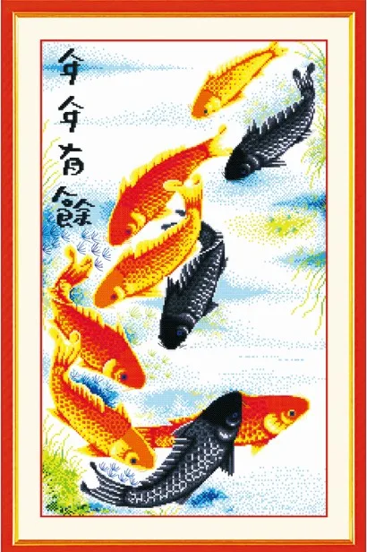 

Surplus year after year cross stitch kit Chinese word fish pre-print 11ct hand embroidery DIY handmade needlework supplies bag
