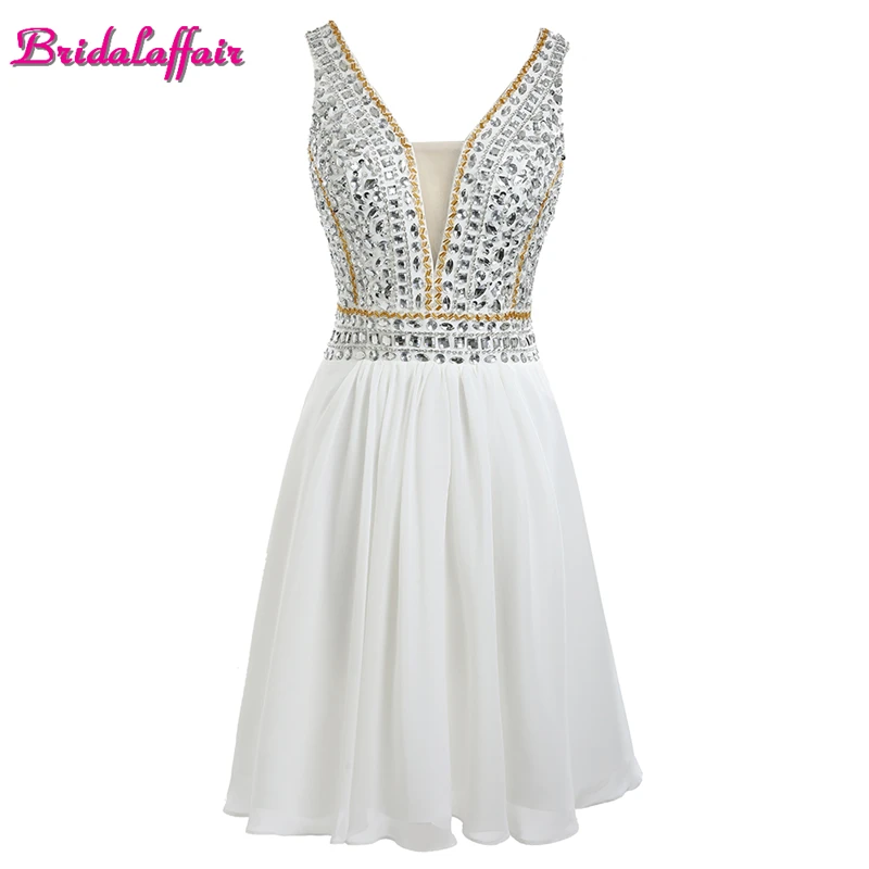 

Real Photo Luxury Crystal White Chiffon V Neck Cocktail Dresses 2017 Custom made Sleeveless Short Party Prom Gown Robe de festa