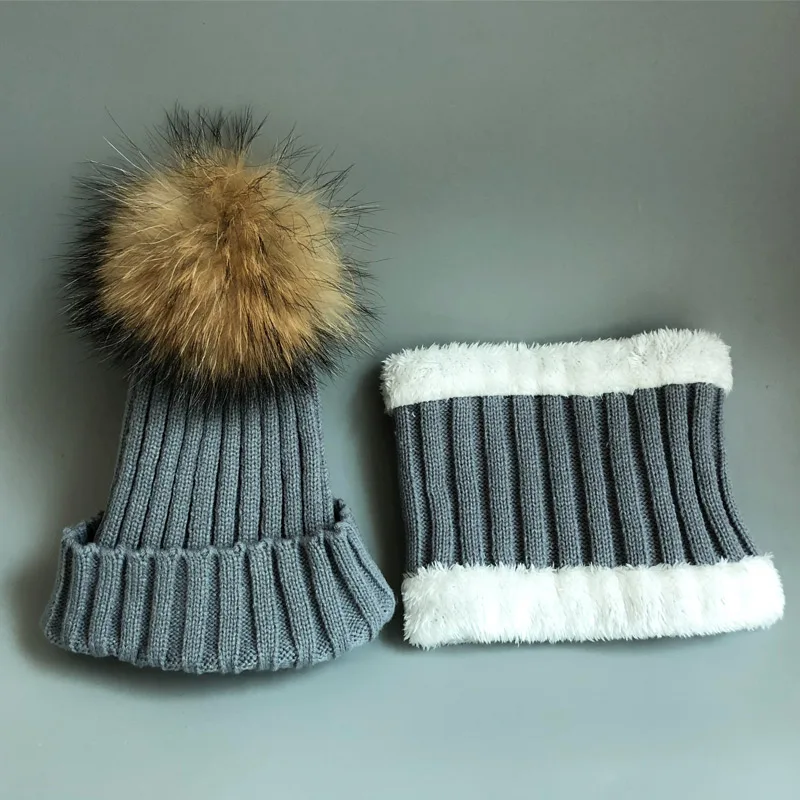 Kids Boys Girls hats Warm Fleece Liner Beanie Hats set With Scarf Fur Winter Hat For Children Baby Skullies Beanies