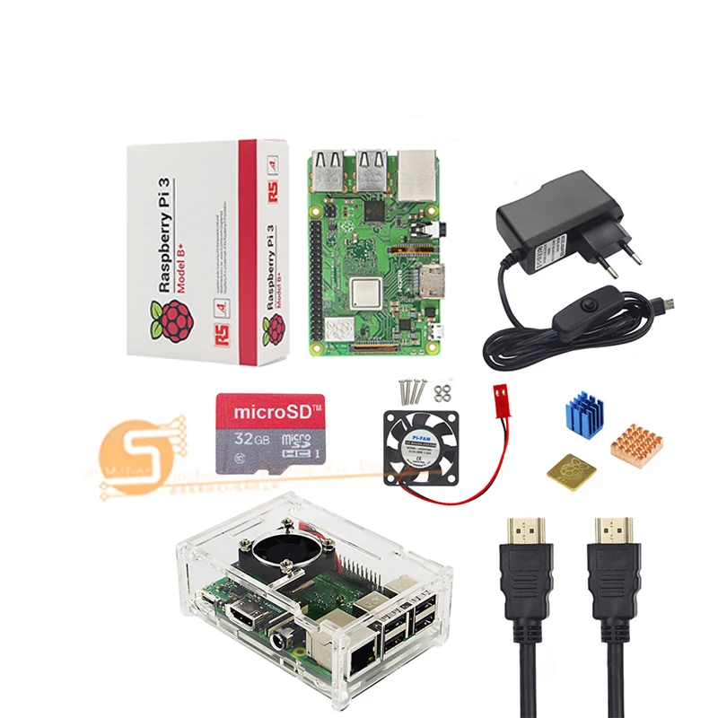 Raspberry Pi 3 Model B +/3 стартовый комплект + чехол + карта 32G + вентилятор + адаптер питания + кабель HDMI + радиатор для RPI 3/3b +