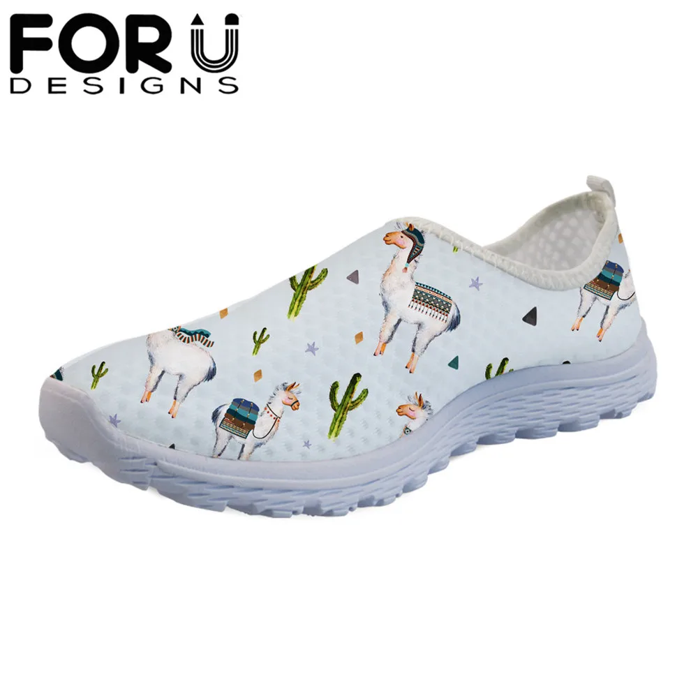 

FORUDESIGNS Llama 3D Cartoon Alpaca Printing Flats Shoes Women Female Light Weight Sneakers Mesh Summer Loafers Slip-on Shoes