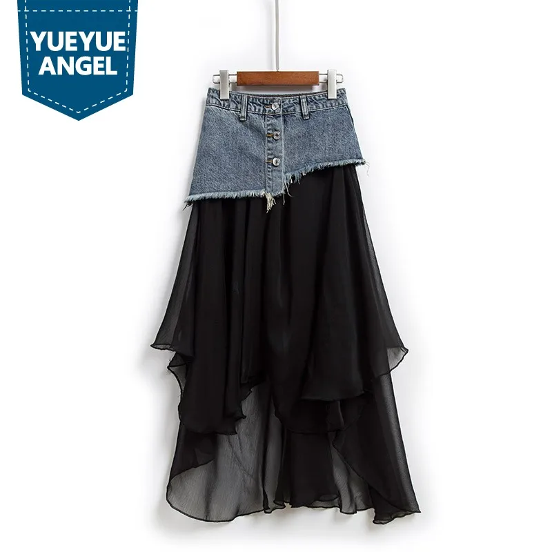 

Spring Summer Personality Denim Patchwork Chiffon Asymmetrical Skirts High Waist Single Breasted Office Ladies Mid-Calf Skirts