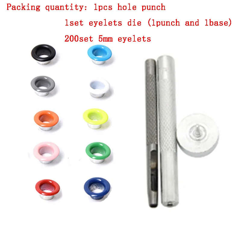 

200set 5MM Metal color eyelets and Eyelet Punch Die Tool Set for Leather Craft Clothing Grommet Banner manual accessories