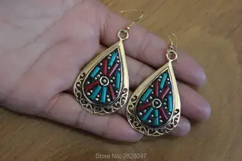 

ER169 Bohemia Nepal India Jewelry Water Drop Earrings Ethnic Tibetan Brass Colorful Women Earring New Arrival