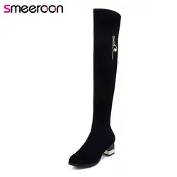 Smeeroon 2018 модные сапоги выше колена из флока Женские ботинки на осень-зиму сапоги обувь на высоком каблуке с круглым носком Большие размеры