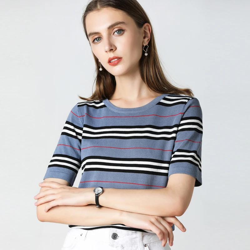 

2019 Summer Cashmere striped thin Sweater spring Women Short sleeves of striped cashmere O-neck Pullovers Jumper Knitted