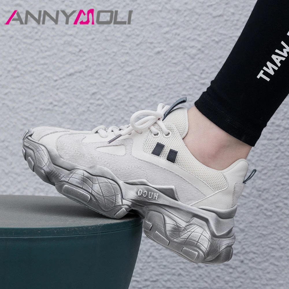 

ANNYMOLI Women Sneakers Spring Shoes Natural Genuine Leather Flat Platform Shoes Casual Lace Up Round Toe Shoes Lady New Size 42