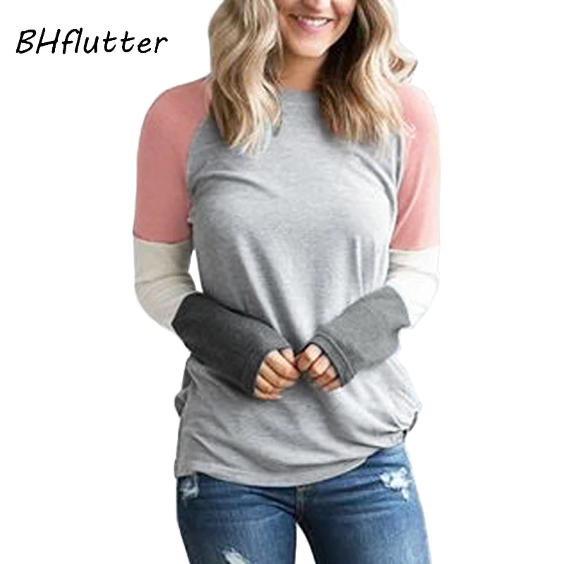 

BHflutter Harajuku T shirt Women Fashion Color Spliced Long Sleeve Tshirts Tops Spring Autumn Brief Casual T-shirts Pull Femme