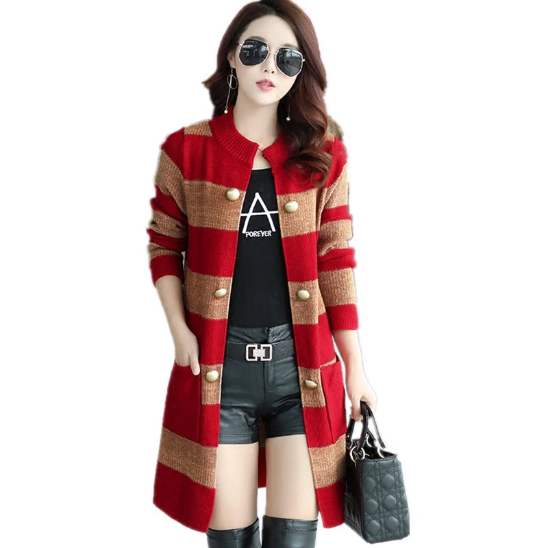 

Autumn Women Casual Sweaters Loose O-neck Long Sleeve Cardigans Winter Knitted Jumpers Stripe Outwear Jacket Coat with Pockets