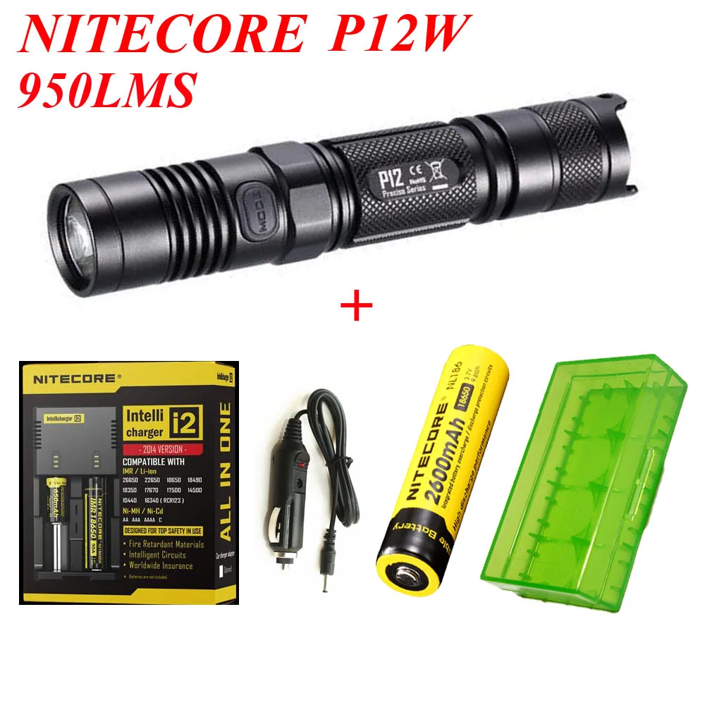 

Nitecore P12W Warm White Light CREE XM-L2 T6 LED 950lums flashlight+i2 Digicharger+NL186 Battery+Car Charger+18650 battery box
