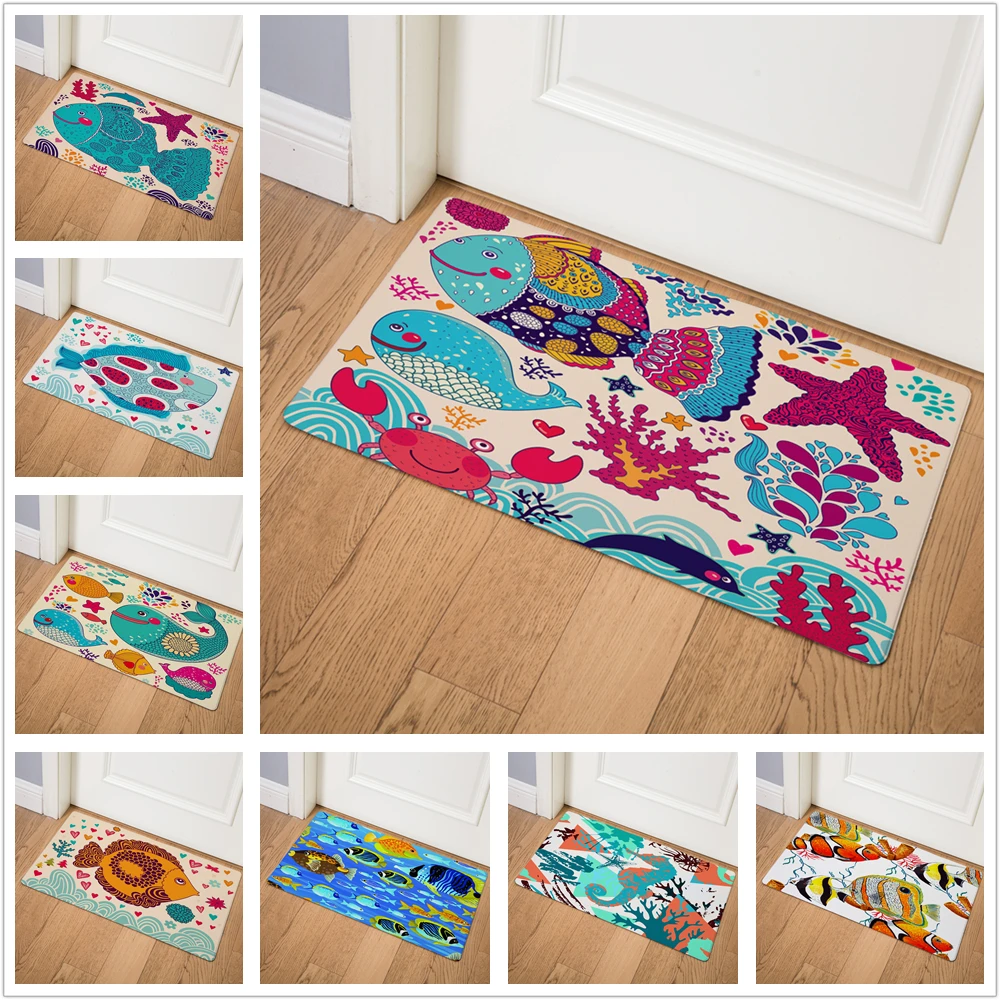 

Marine Animal Cartoon Print Front Door Mat Kitchen Mat Living Room Corridor Outdoor Carpet Waterproof Non-slip Floor Mat 46x75cm