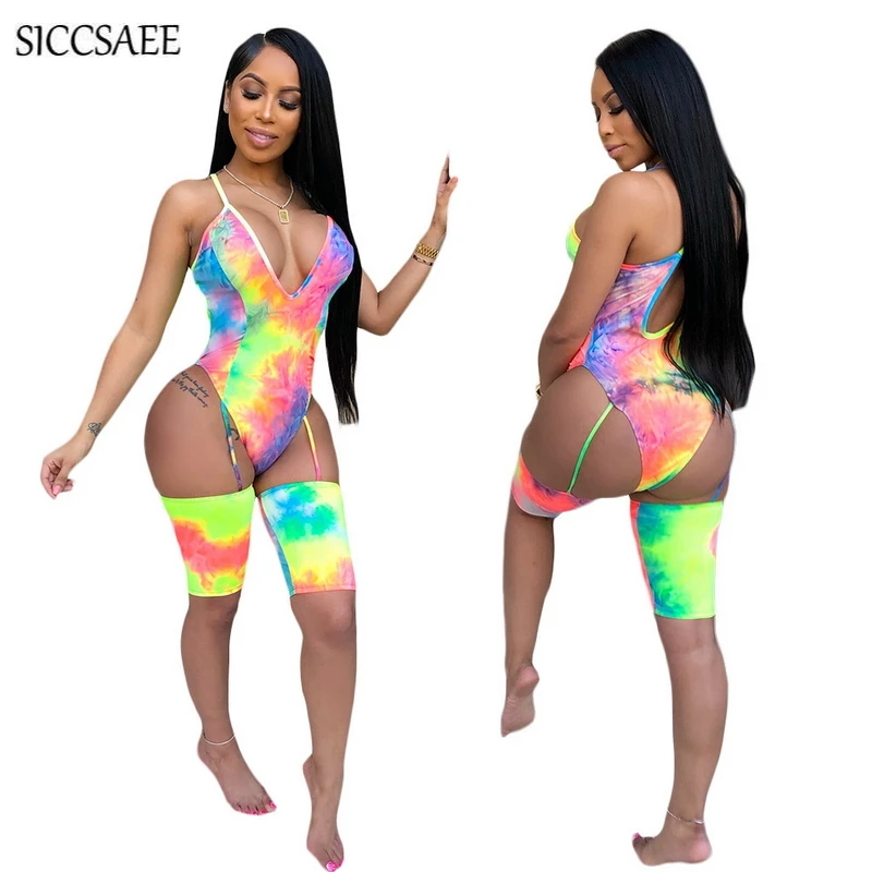 

Tie Dye Printed Bodycon Bodysuit Deep V Neck Bandage Jumpsuits Ribbons Open Back Cut Out Stripper Sexy Club Wear Asymmetrical