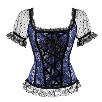 

Blue Brocade Dot Lace Sleeves Sexy Corsets And Bustiers Gothic Clothing Corpetes Corseletes Overbust Corset Top Women Corsage
