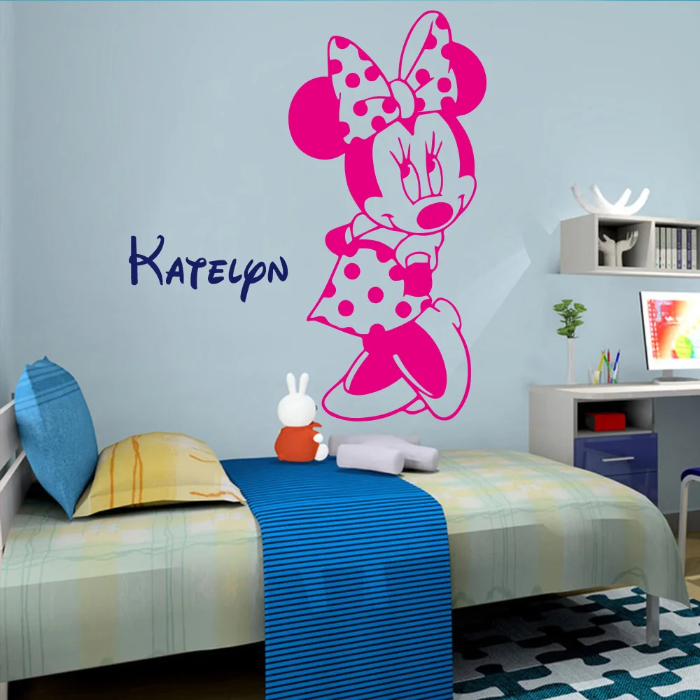 Милые Минни Маус наклейки на стены с именем на заказ обои для маленьких детей девочек декор комнаты украшения спальни Микки настенные Стикеры