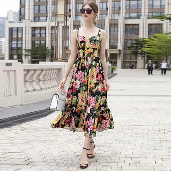 

XF Beach Sexy Sling Rose Print Bohemian Flower Dress Milan Cake Style Big Summer New Party High Waist Strapless Dresses
