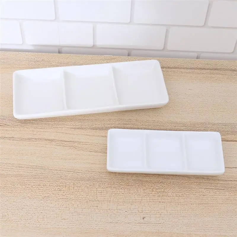 6 / 8.5 Inch Pure White Ceramic 3-Compartment Appetizer Serving Tray Rectangular Divided Sauce Dishes for Spice Dish Soy Sauce