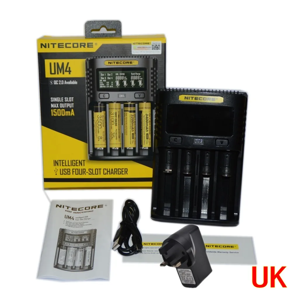 NITECOR UM4 UM2 C4 VC4 LCD Смарт зарядное устройство для Li-ion/IMR/INR/ICR/LiFePO4 18650 14500 26650 AA 3,7 1,2 V 1,5 V батареи D4 - Цвет: UM4 add USB power