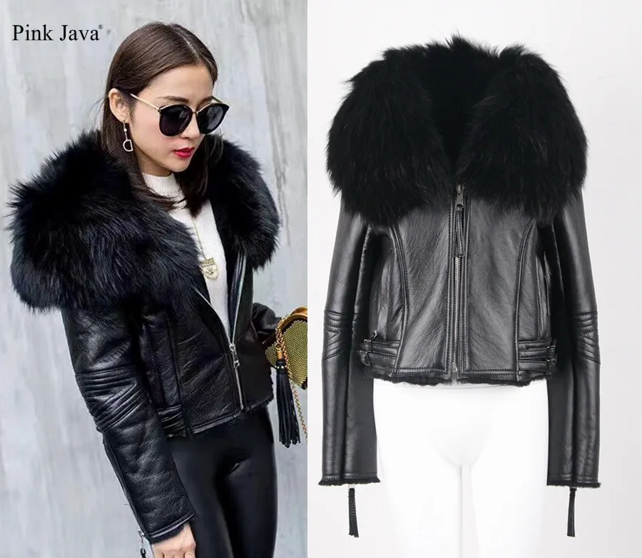 Image pink java QC5032 natural raccoon fur collar genuine leather jacket shearling coat for women winter outfit