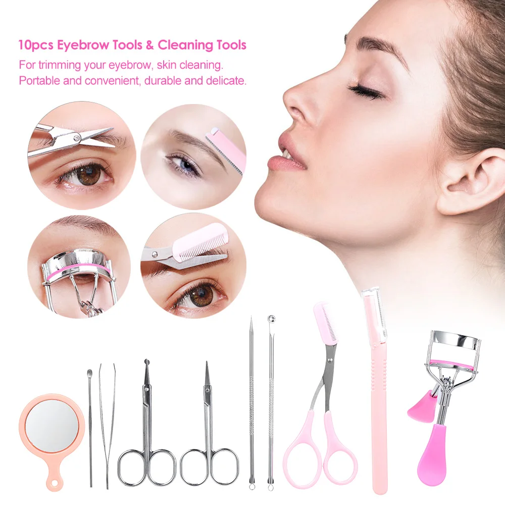 10pcs/set Makeup Eyebrow Tools Set Eyebrow Tweezers Trimmer Scissors