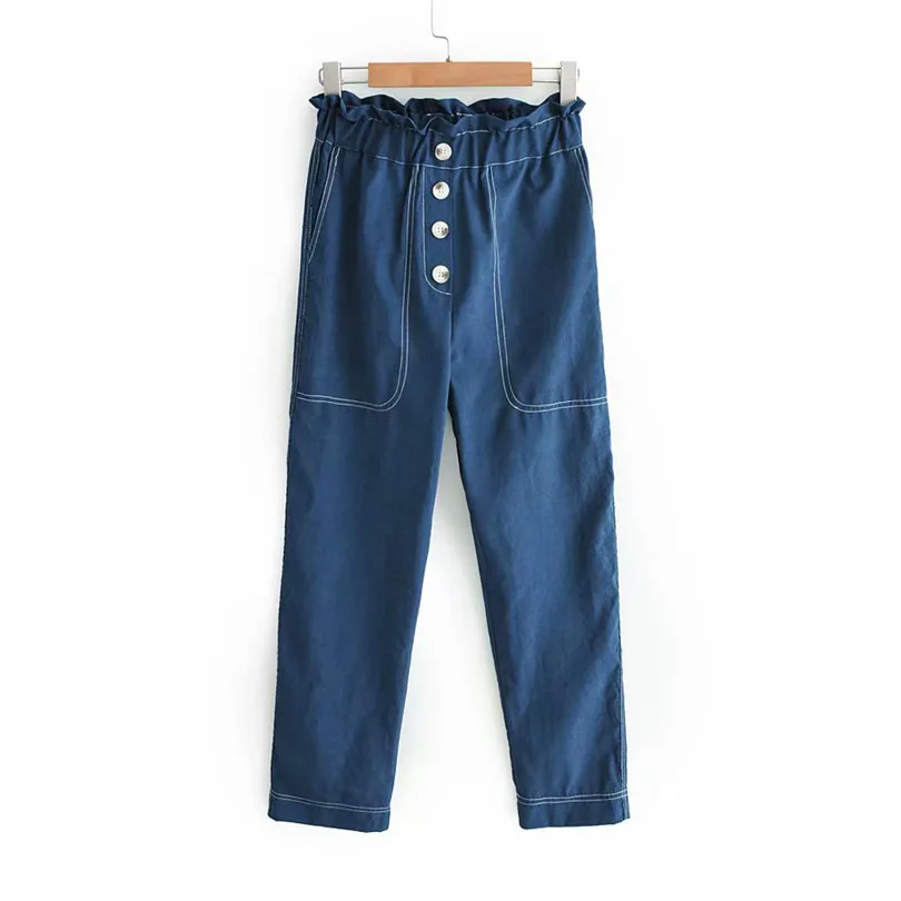 

Women stylish solid paperbag ankle length pants pockets buttons decorate elastic waist female summer casual wear trousers