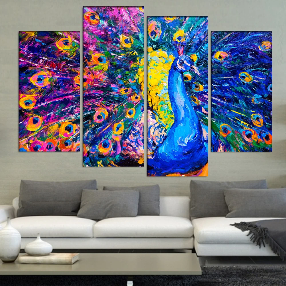 Modern Printed Canvas Wall Art Poster 4 Panel Abstract Colorful Peacock ...