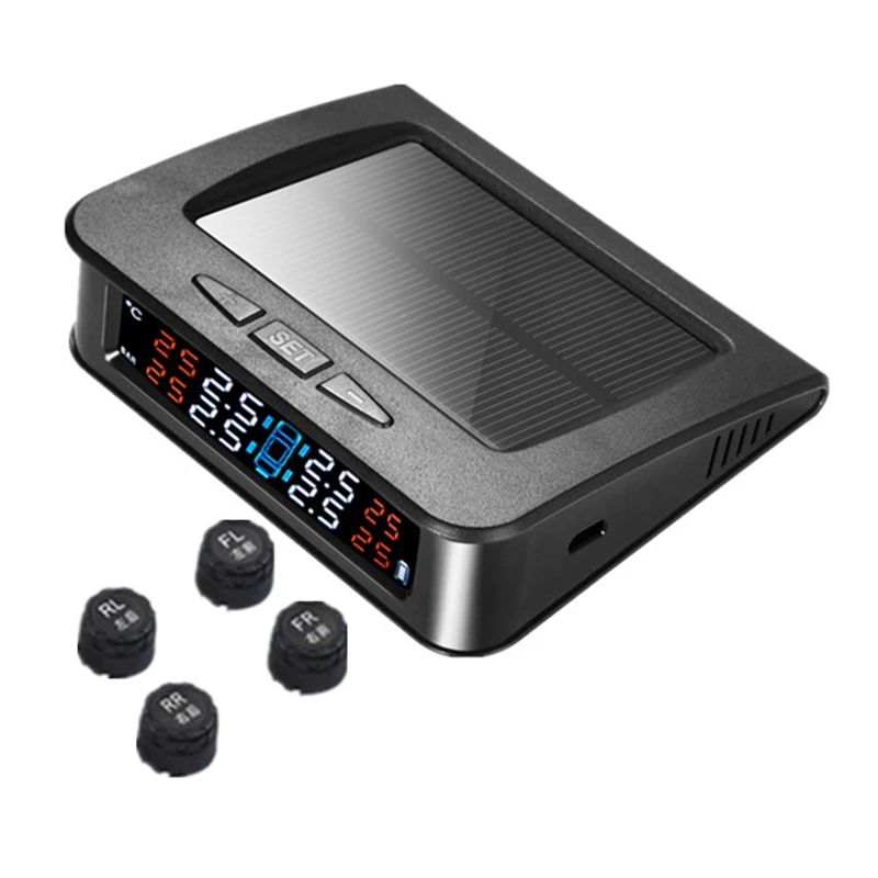 

Solar Energy Wireless TPMS Car Tire Pressure Monitor System LCD Auto Tyre Air Pressure Temperature Alarm Device with 4 Sensor