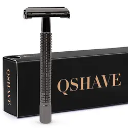 Qshave Двусторонняя Безопасная бритва Классическая Безопасная бритва черный цвет длинная ручка бабочка открытая, 1 ручка и 5 лезвий