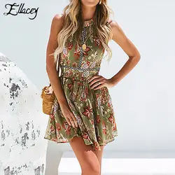 Ellacey в богемном стиле с цветочным принтом пляжное платье женские пикантные Холтер спинки Мини платье Талия выдалбливают праздник