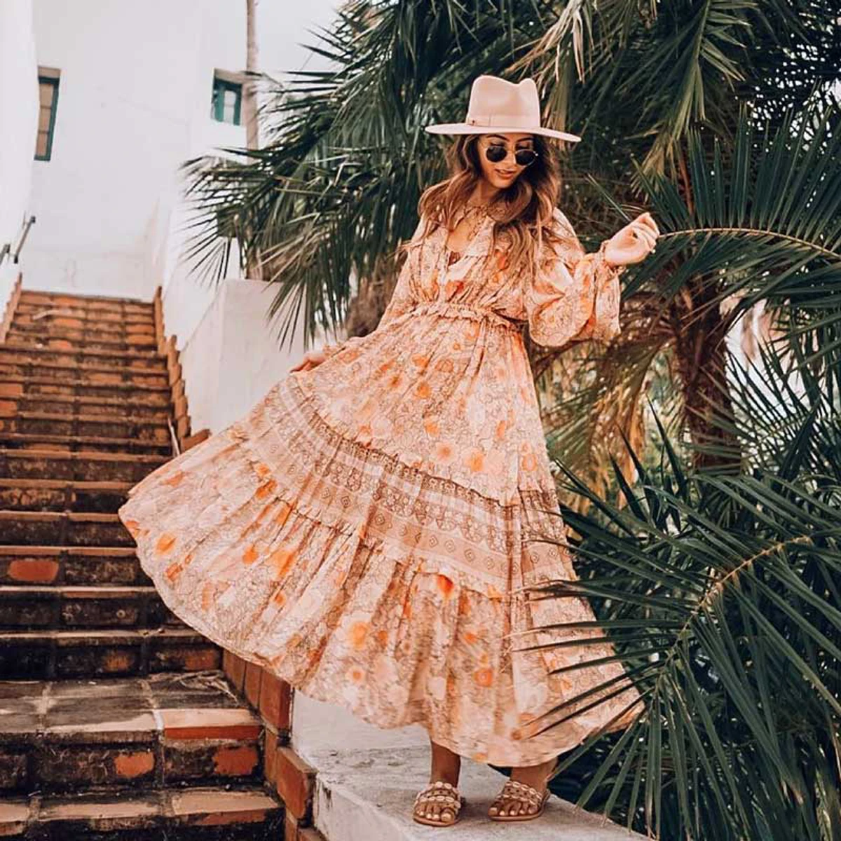 

Jastie Boho Chic Frill Long Sleeve Women Dress V-Neck Floral Print Dresses Gypsy 2019 Spring Summer Dress Casual Beach Dresses