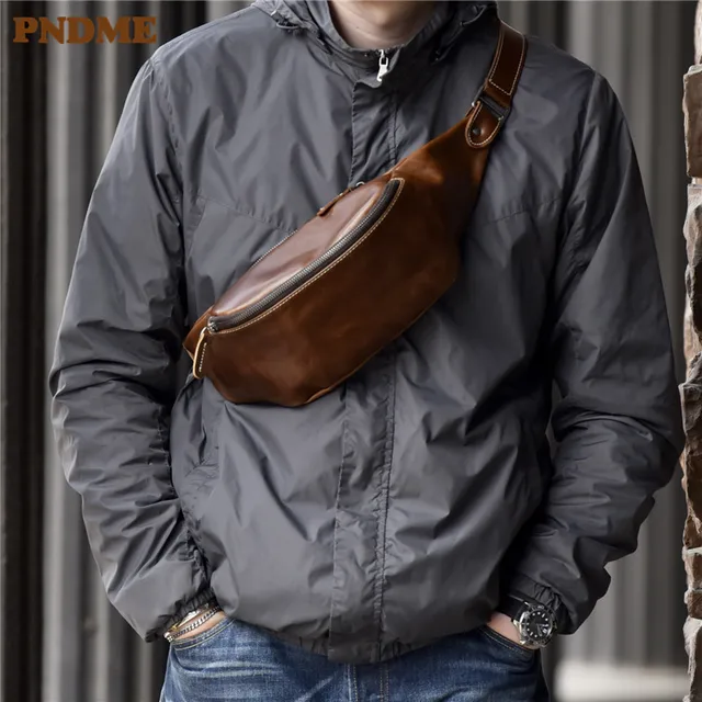 US $30.19 PNDME high quality cowhide simple vintage chest bag genuine leather men's shoulder messenger belt b