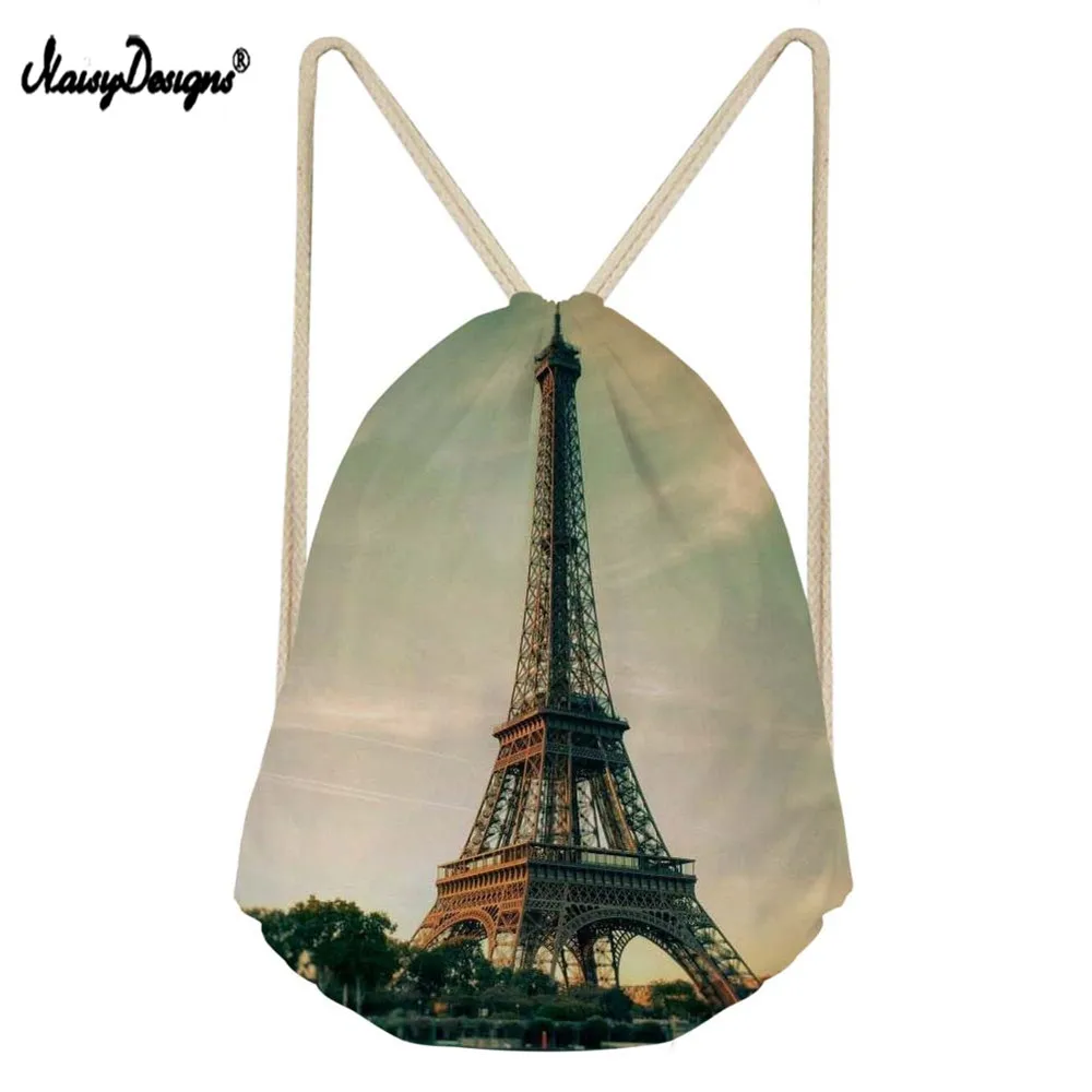 

Noisydesigns Eiffel Tower Print Backpack String Stripe Small Kids Draw string Bag Sac A dos Cordon Women Large Beach Shoe Bag