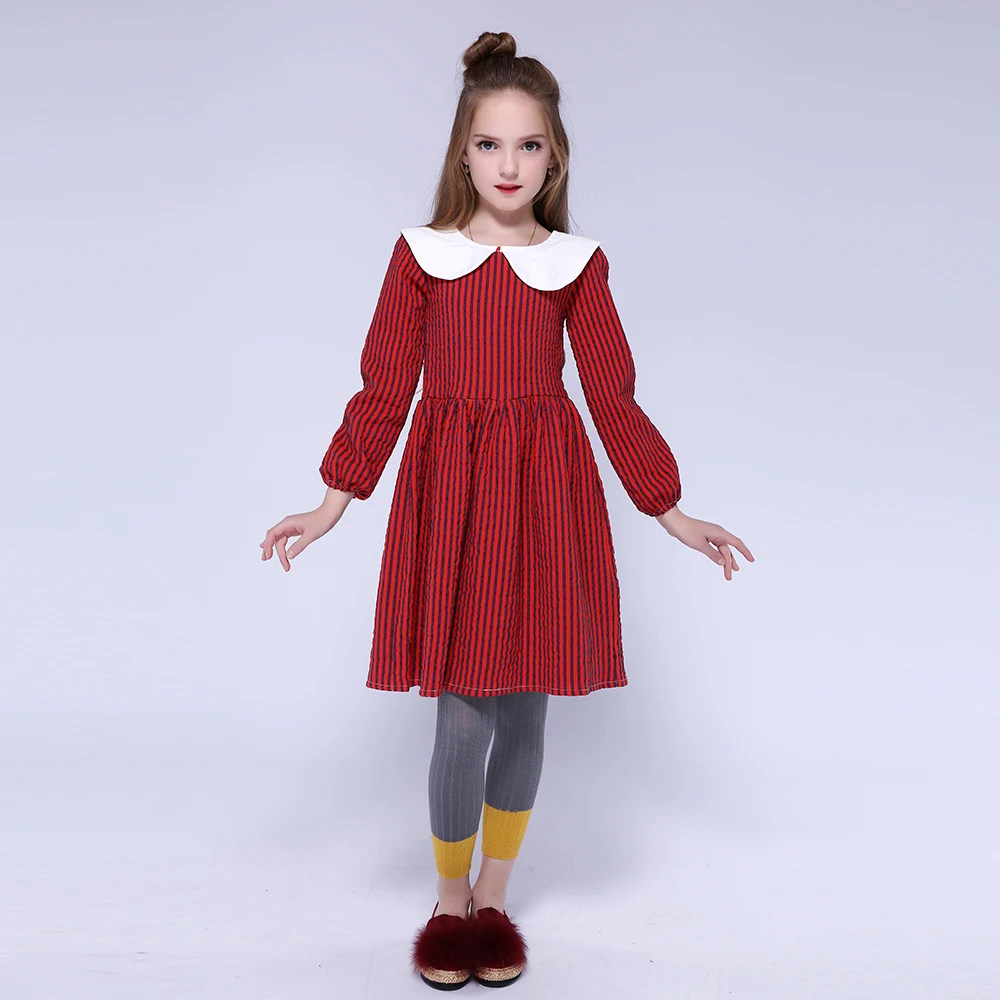 Kseniya Kids/зимнее платье для девочек с длинными рукавами; хлопковые плотные теплые праздничные платья в полоску для девочек 8-10 лет; платье для маленьких девочек в стиле Лолиты