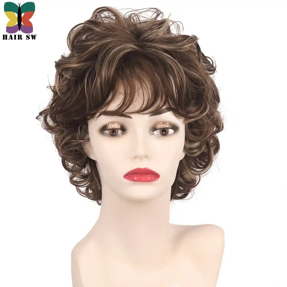 Pelo Sw Corte Corto Pelo Rizado Sintetico Senoras Natural Mullido Capas Peluca Gris Plata Marron Rubio Color Mezclado Peluca Con Flequillo Gris Plata Peluca De Platapelucas Con Flequillo Aliexpress