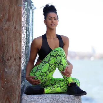 

Women Fitness Leggings Green Snake Print Leggings Elastics Sexy SpliceBooty Push Up Pants