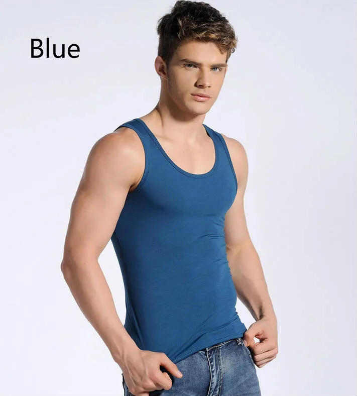 Мужские летние жилет хлопок мягкие базовые vesseled плотно нательная футболка для фитнеса дышащие топы - Цвет: Синий