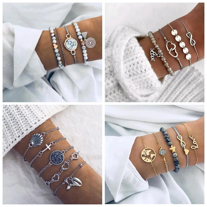 

New 5Pcs/Set Bohemian Strand Bracelets For Women Antique Silver Color Crystal Heart Shell Charm Bracelets Bangles Jewelry Gifts